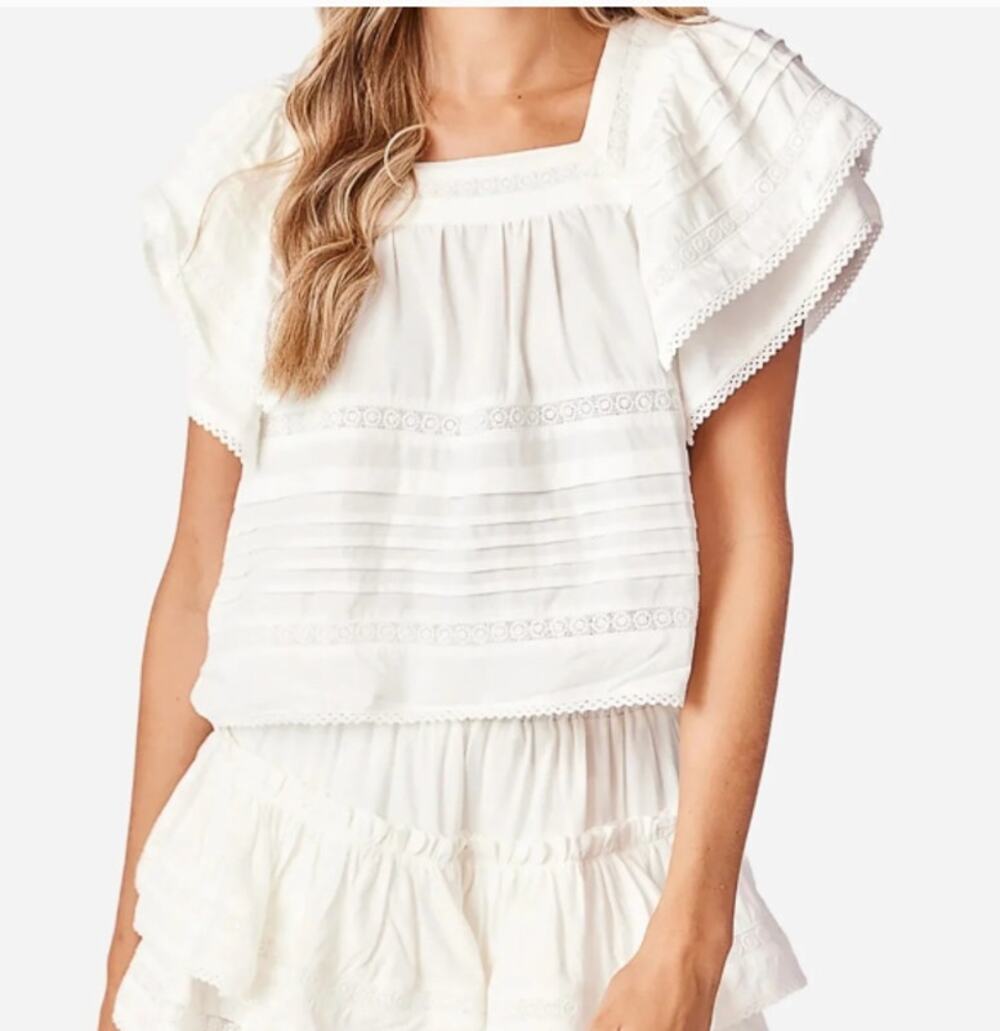 Cake For Dinner XS White Blouse Square Neck Lace Pintuck Flutter Sleeve Boho
